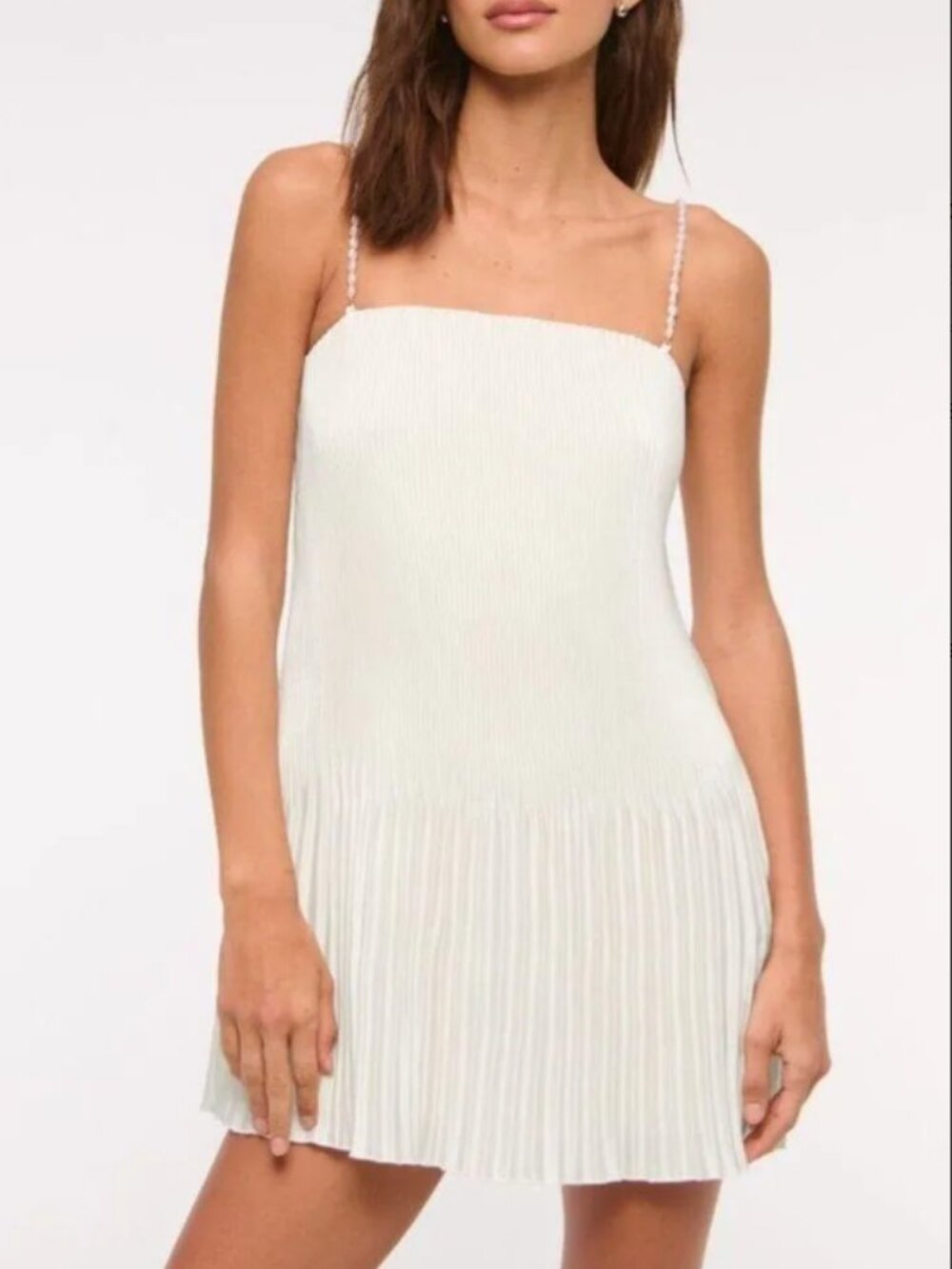 A&F Giselle Pleat White Pearl Strap Mini Dress Square Neck Adjustable